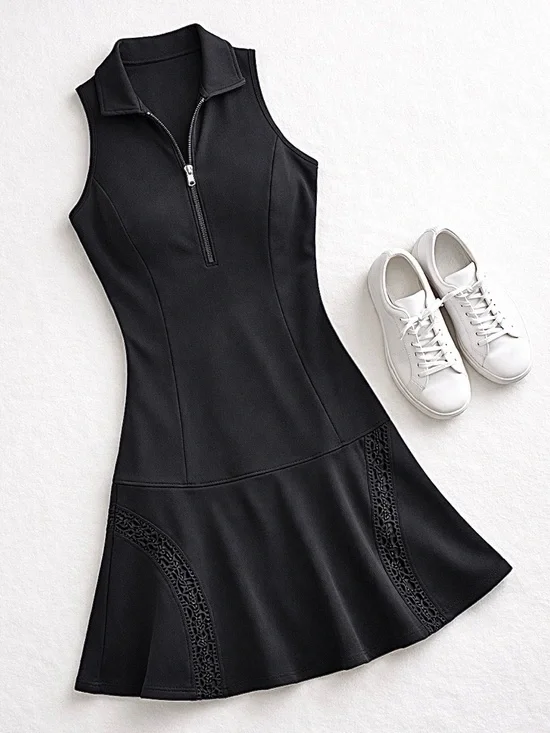 Sundays Zip Front Athletic Mini Dress Black Drop Waist Sporty Size Small - Picture 2 of 10